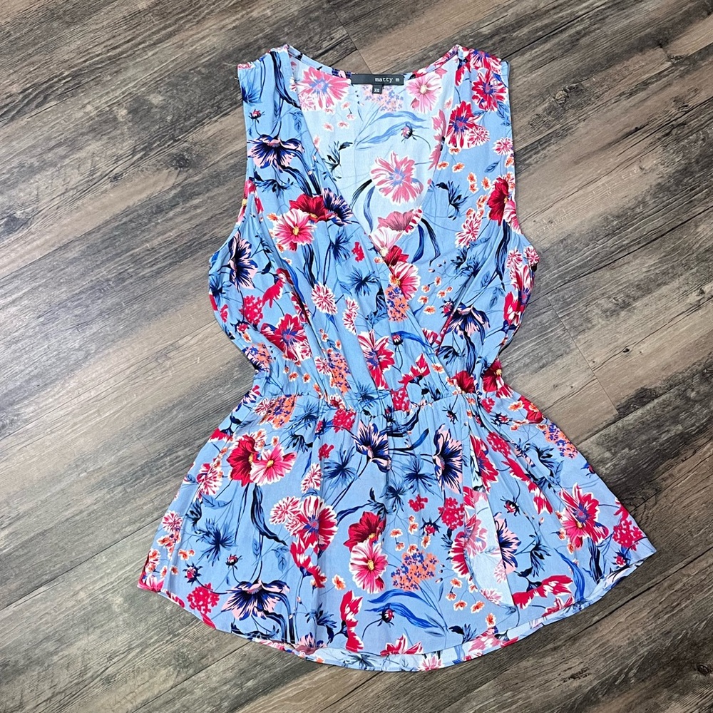 MATTY M Nordstrom Sleeveless Light Blue Floral Blouse-‎ Women XS